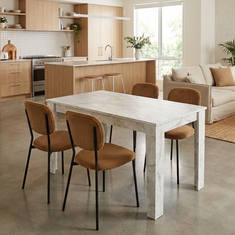 Σετ τραπεζαρία 5τμχ Darlen – Kevin Megapap χρώμα λευκό εφέ μαρμάρου – μουσταρδί 125x72x74εκ.