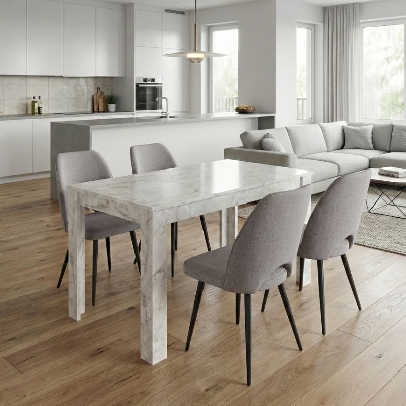 Σετ τραπεζαρία 5τμχ Darlen – Christy Megapap χρώμα λευκό εφέ μαρμάρου – ανοιχτό μπεζ 125x72x74εκ.