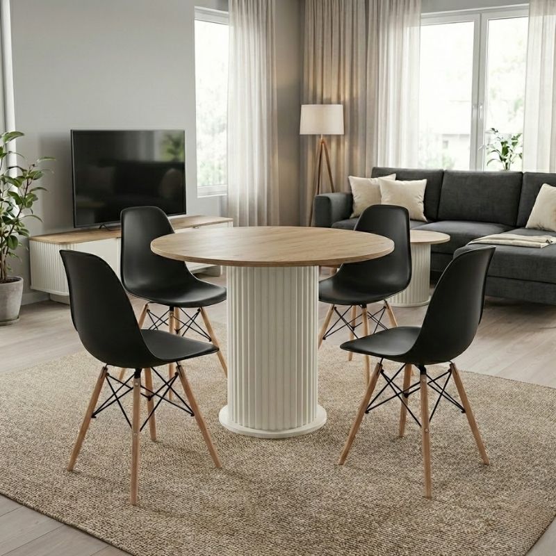 Σετ τραπεζαρία 5τμχ Bohema – Nova Megapap χρώμα ivory/sepet oak – μαύρο Ø90×77,7εκ.