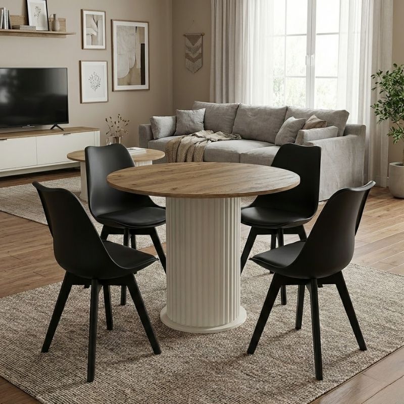 Σετ τραπεζαρία 5τμχ Bohema – Viva Megapap χρώμα ivory/sepet oak – μαύρο Ø90×77,7εκ.