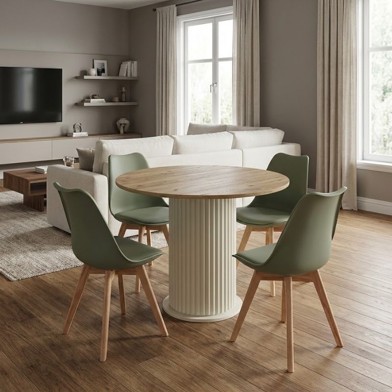 Σετ τραπεζαρία 5τμχ Bohema – Viva Megapap χρώμα ivory/sepet oak – φυστικί Ø90×77,7εκ.