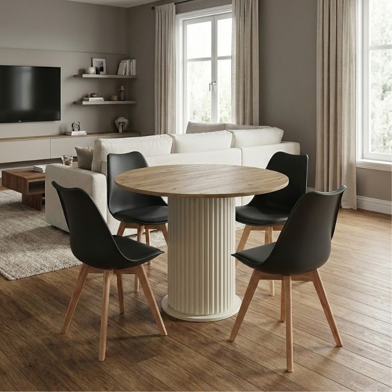 Σετ τραπεζαρία 5τμχ Bohema – Viva Megapap χρώμα ivory/sepet oak – μαύρο/φυσικό πόδι Ø90×77,7εκ.