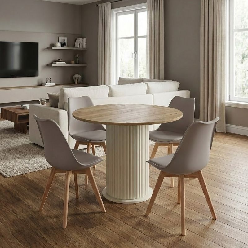 Σετ τραπεζαρία 5τμχ Bohema – Viva Megapap χρώμα ivory/sepet oak – cappuccino Ø90×77,7εκ.