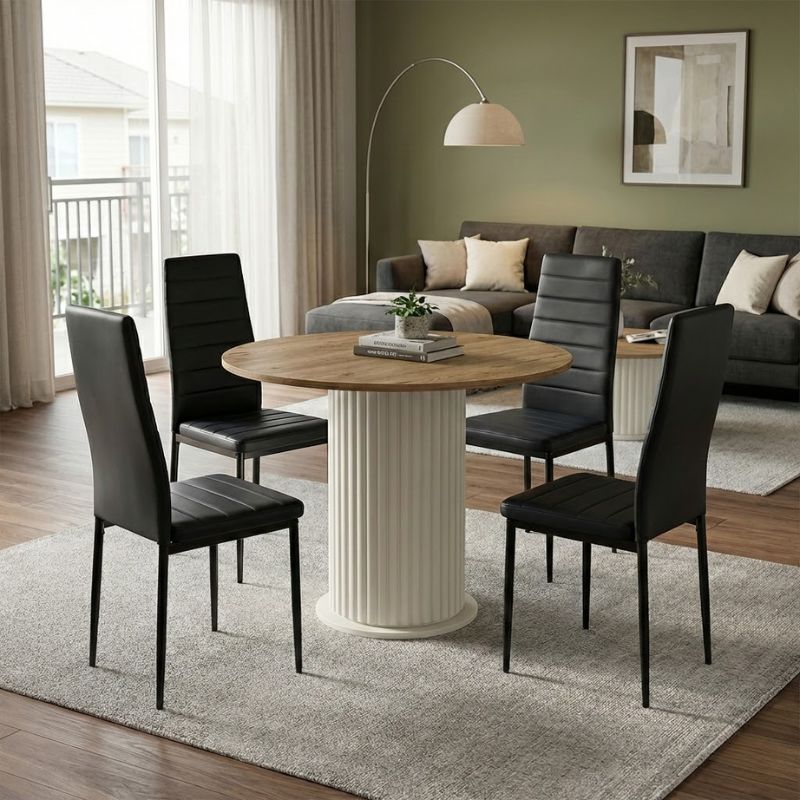 Σετ τραπεζαρία 5τμχ Bohema – Rosa Megapap χρώμα ivory/sepet oak – μαύρο Ø90×77,7εκ.