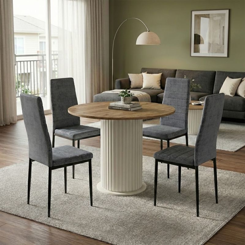 Σετ τραπεζαρία 5τμχ Bohema – Rosa Megapap χρώμα ivory/sepet oak – γκρι Ø90×77,7εκ.