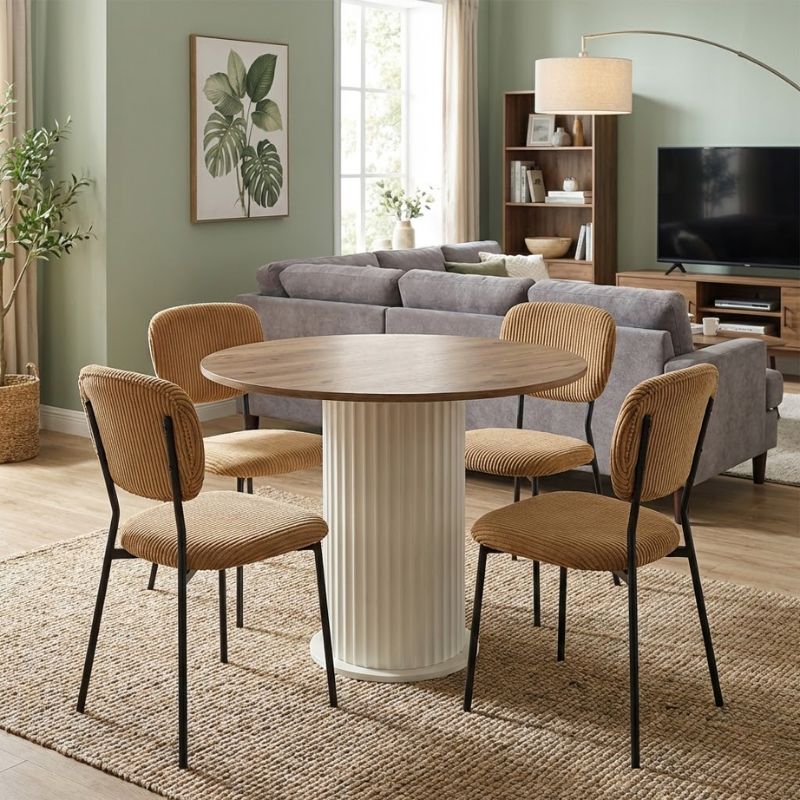 Σετ τραπεζαρία 5τμχ Bohema – Kevin Megapap χρώμα ivory/sepet oak – μουσταρδί Ø90×77,7εκ.