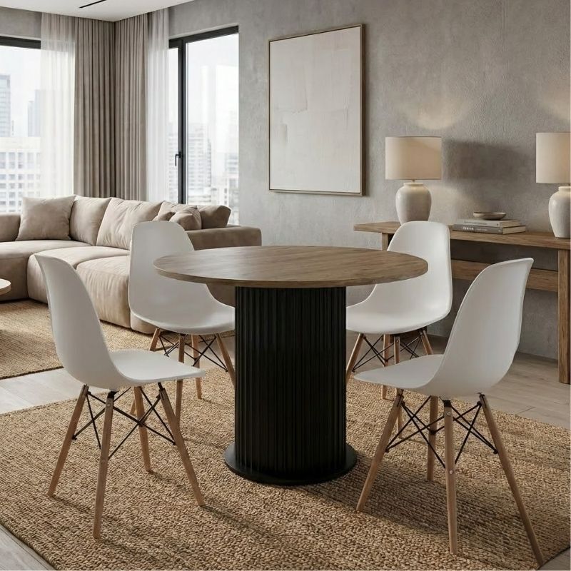 Σετ τραπεζαρία 5τμχ Bohema – Nova Megapap χρώμα μαύρο/sepet oak – λευκό Ø90×77,7εκ.