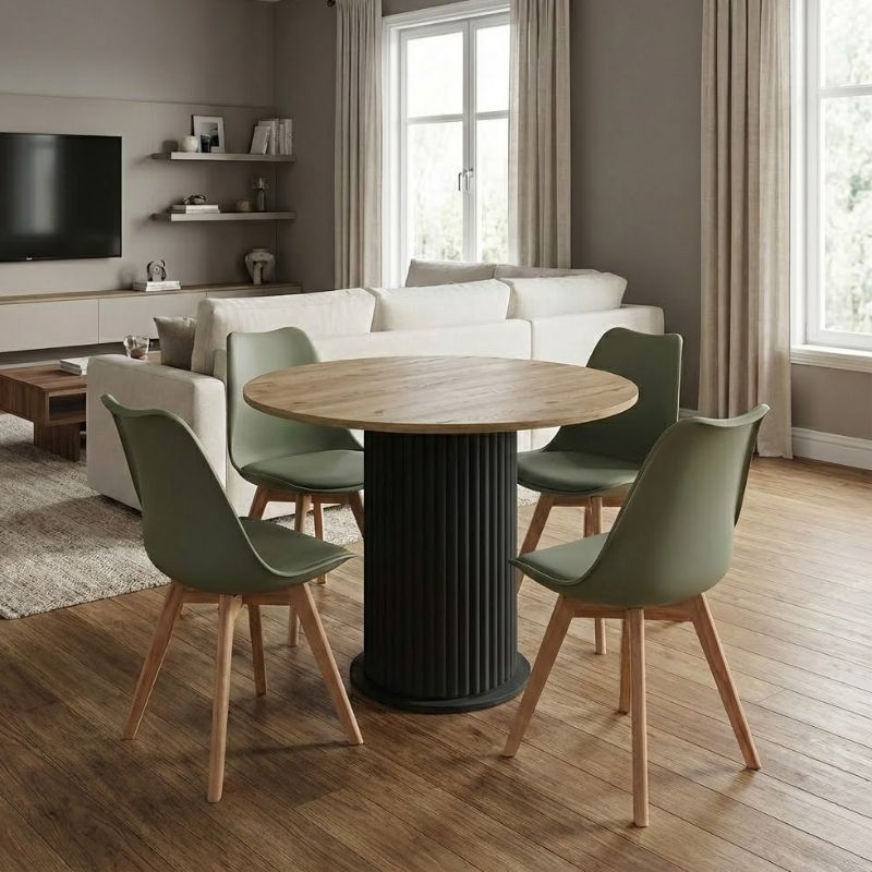 Σετ τραπεζαρία 5τμχ Bohema – Viva Megapap χρώμα μαύρο/sepet oak – φυστικί Ø90×77,7εκ.