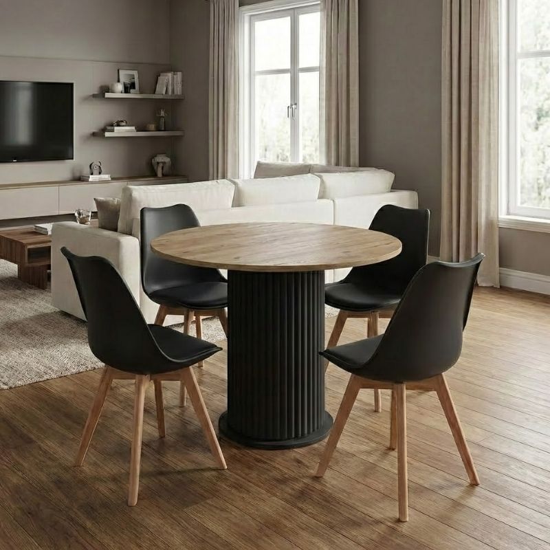 Σετ τραπεζαρία 5τμχ Bohema – Viva Megapap χρώμα μαύρο/sepet oak – μαύρο/φυσικό πόδι Ø90×77,7εκ.