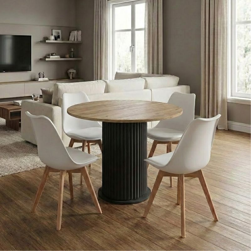 Σετ τραπεζαρία 5τμχ Bohema – Viva Megapap χρώμα μαύρο/sepet oak – λευκό/φυσικό πόδι Ø90×77,7εκ.