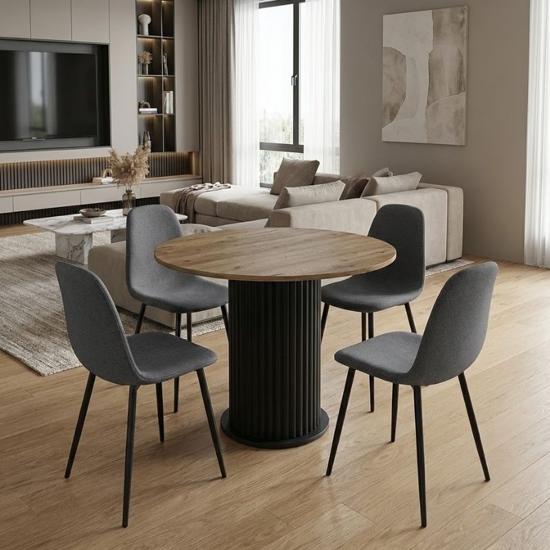 Σετ τραπεζαρία 5τμχ Bohema – Iris Megapap χρώμα μαύρο/sepet oak – γκρι Ø90×77,7εκ.