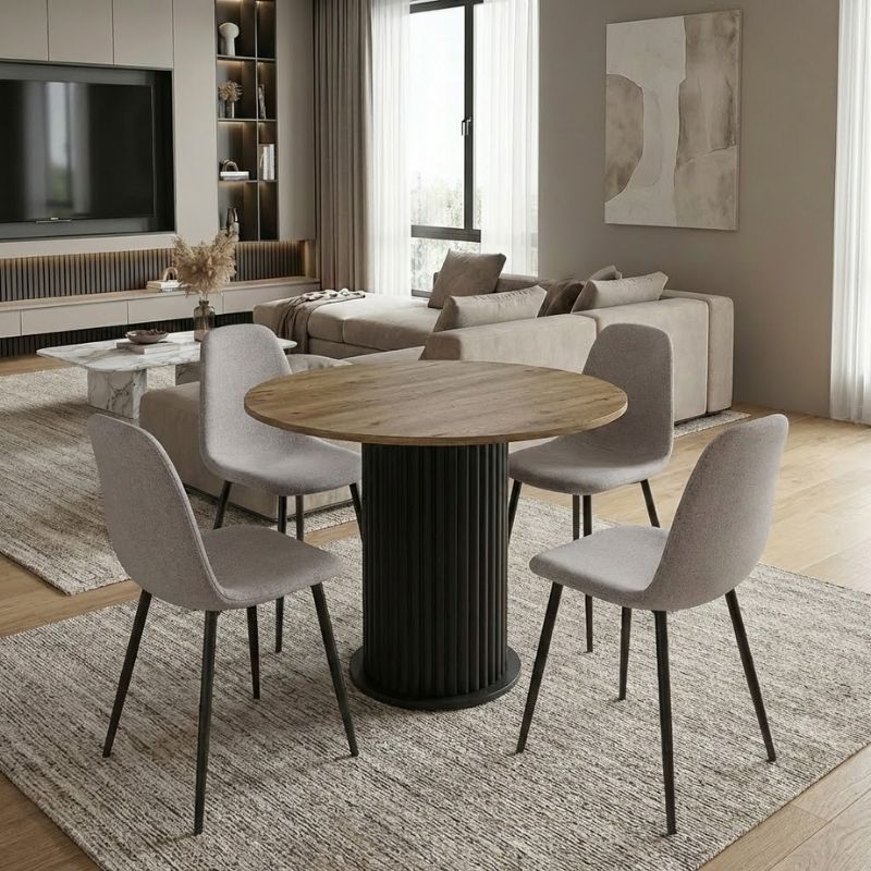 Σετ τραπεζαρία 5τμχ Bohema – Iris Megapap χρώμα μαύρο/sepet oak – ανοιχτό μπεζ Ø90×77,7εκ.