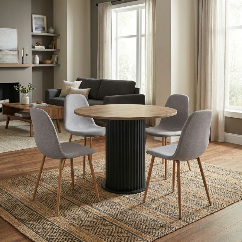 Σετ τραπεζαρία 5τμχ Bohema – Iris Megapap χρώμα μαύρο/sepet oak – ανοιχτό μπεζ/φυσικό πόδι Ø90×77,7εκ.