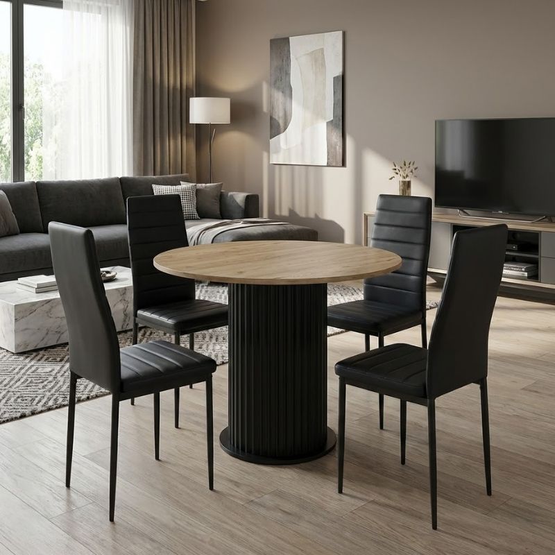 Σετ τραπεζαρία 5τμχ Bohema – Rosa Megapap χρώμα μαύρο/sepet oak – μαύρο Ø90×77,7εκ.