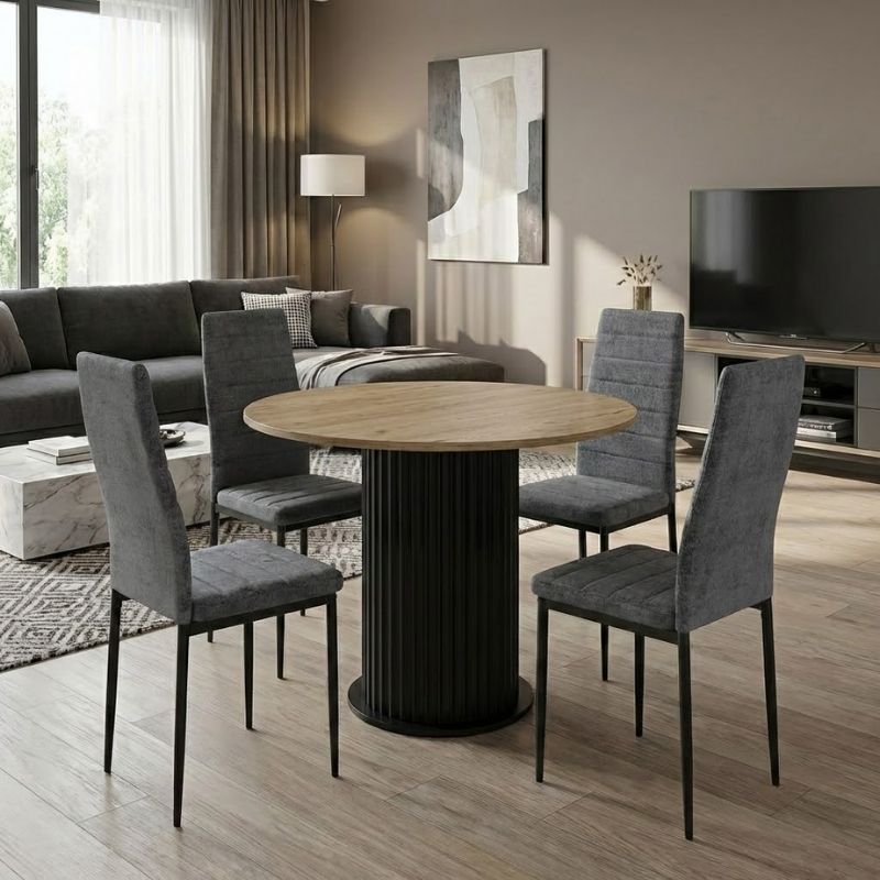 Σετ τραπεζαρία 5τμχ Bohema – Rosa Megapap χρώμα μαύρο/sepet oak – γκρι Ø90×77,7εκ.