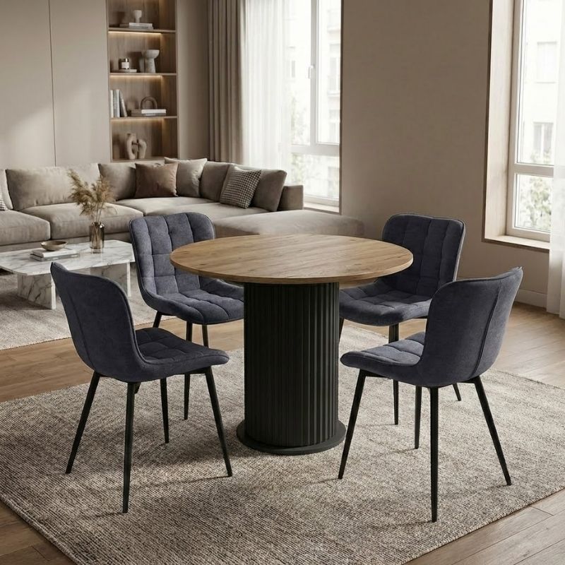 Σετ τραπεζαρία 5τμχ Bohema – Chiara Megapap χρώμα μαύρο/sepet oak – ανθρακί Ø90×77,7εκ.