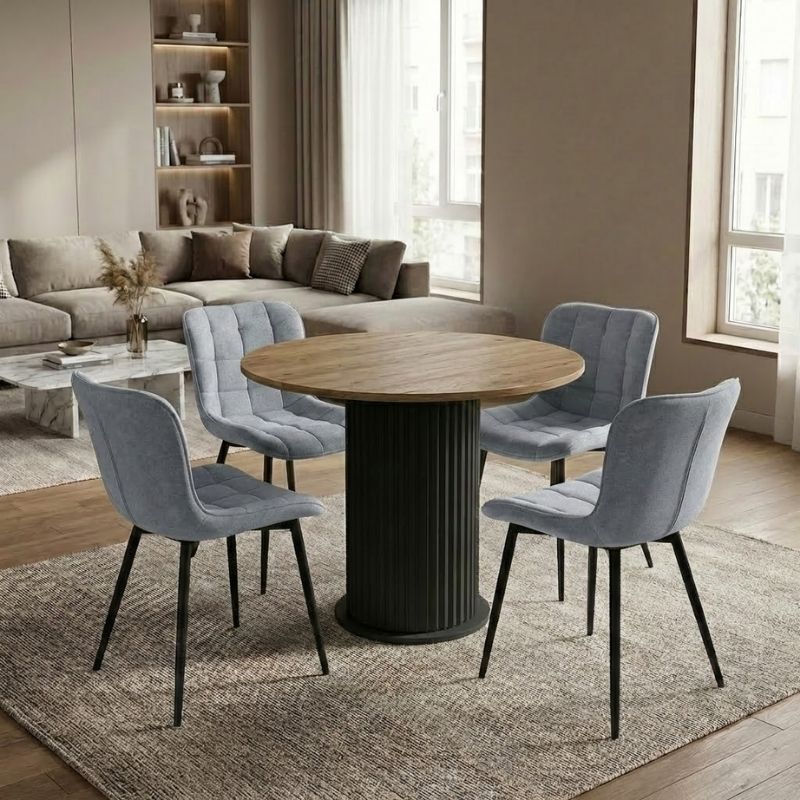 Σετ τραπεζαρία 5τμχ Bohema – Chiara Megapap χρώμα μαύρο/sepet oak – γκρι Ø90×77,7εκ.