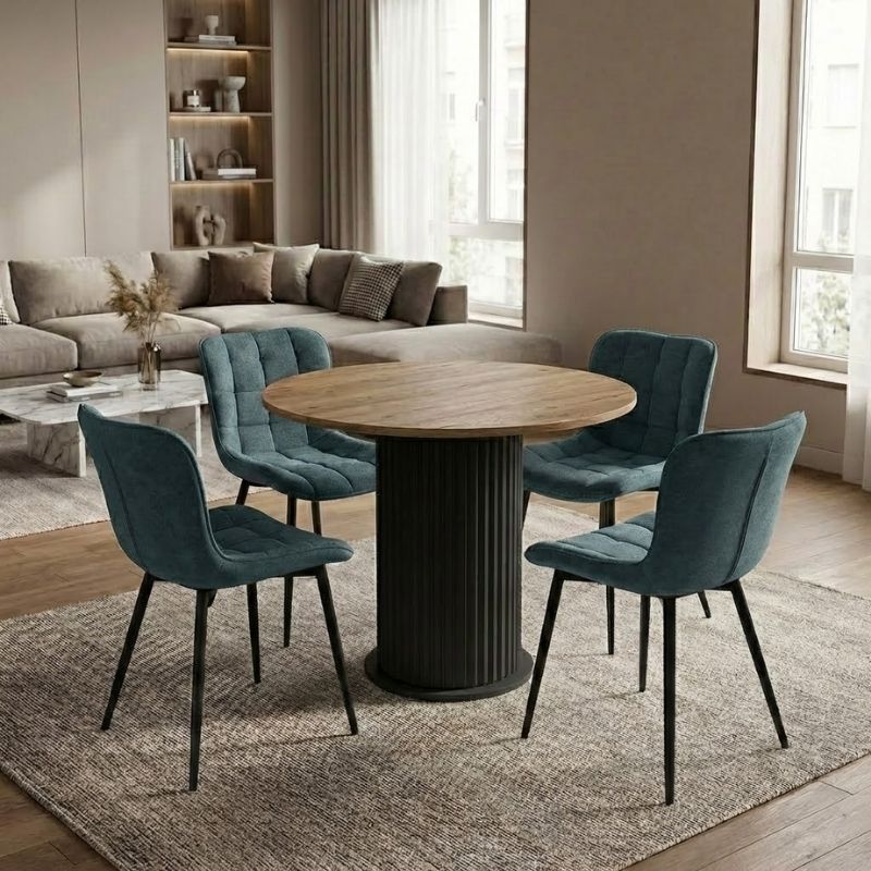 Σετ τραπεζαρία 5τμχ Bohema – Chiara Megapap χρώμα μαύρο/sepet oak – πράσινο Ø90×77,7εκ.