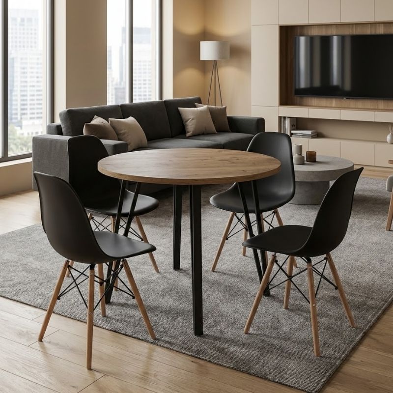 Σετ τραπεζαρία 5τμχ Xana – Nova Megapap χρώμα sepet oak – μαύρο Ø90×77,7εκ.