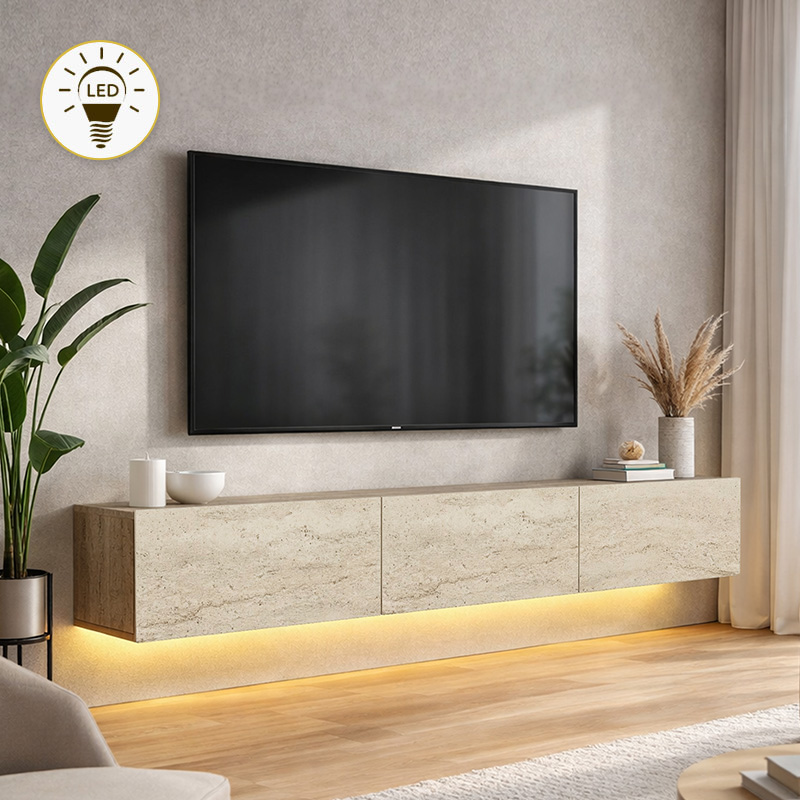 Έπιπλο τηλεόρασης επιτοίχιο Damla Megapap με LED χρώμα travertine 180×29,5×29,5εκ.