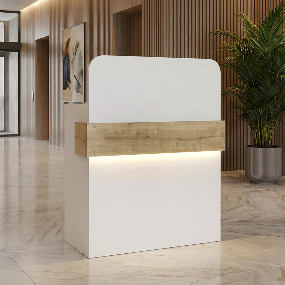 Γραφείο υποδοχής – reception Telmos Megapap με LED χρώμα λευκό – sapphire oak 90×43,6×119,2εκ.